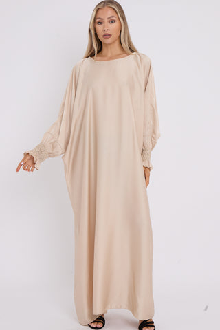 WOMENS GATHERED SLEEVES ABAYA BEIGE